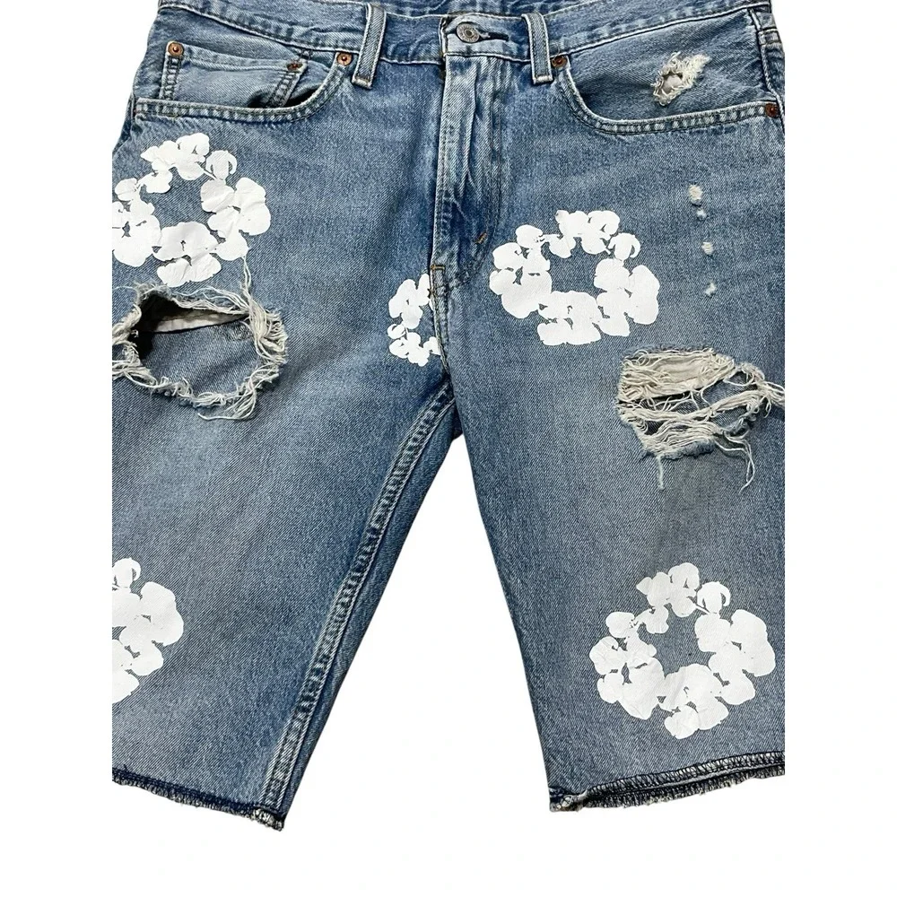 Levi 412 Cutoff Grunge Painted Stamped Denim  Men's Jean Shorts Size 34